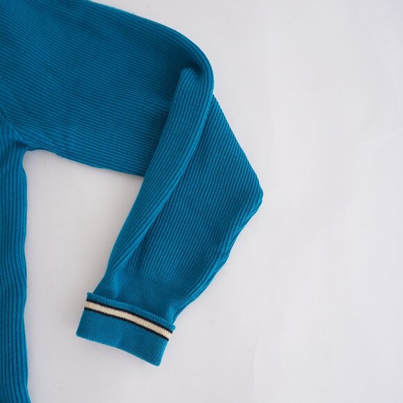 Vintage Italian Art Knitting Teal Ribs Knit Button Cardigan Stripe Collar L (42) - Picture 4 of 9